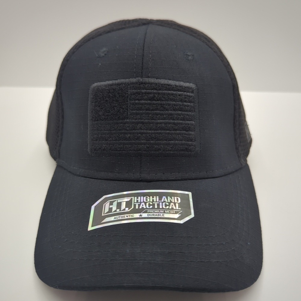 Highland Tactical Mens Fitted Mesh Hat Black Ripstop Flag Patch Cap HL-CP-16-BK